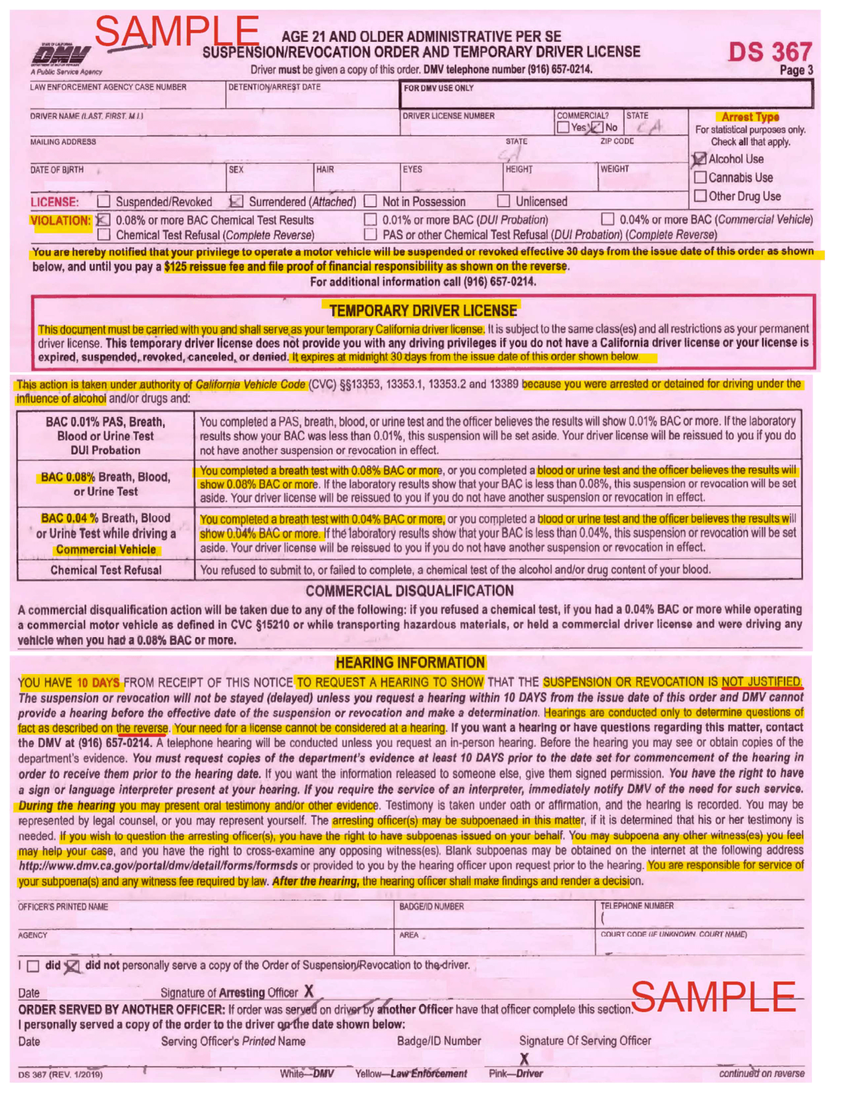 Pink Slip Page 1 — Personal info, violation type, and temporary license