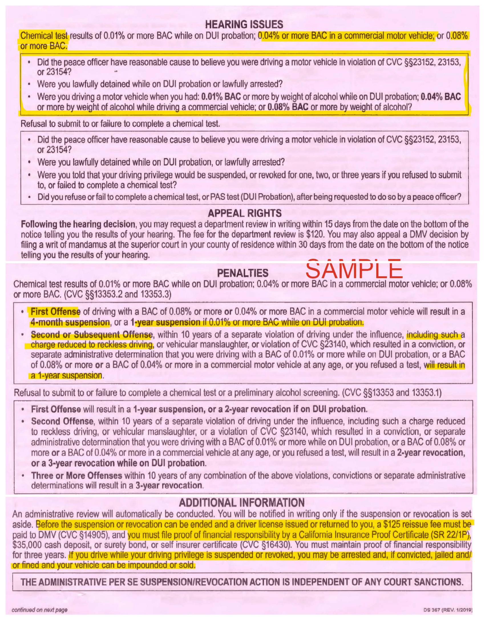 Pink Slip Page 2 — Hearing issues, penalties, and reinstatement info