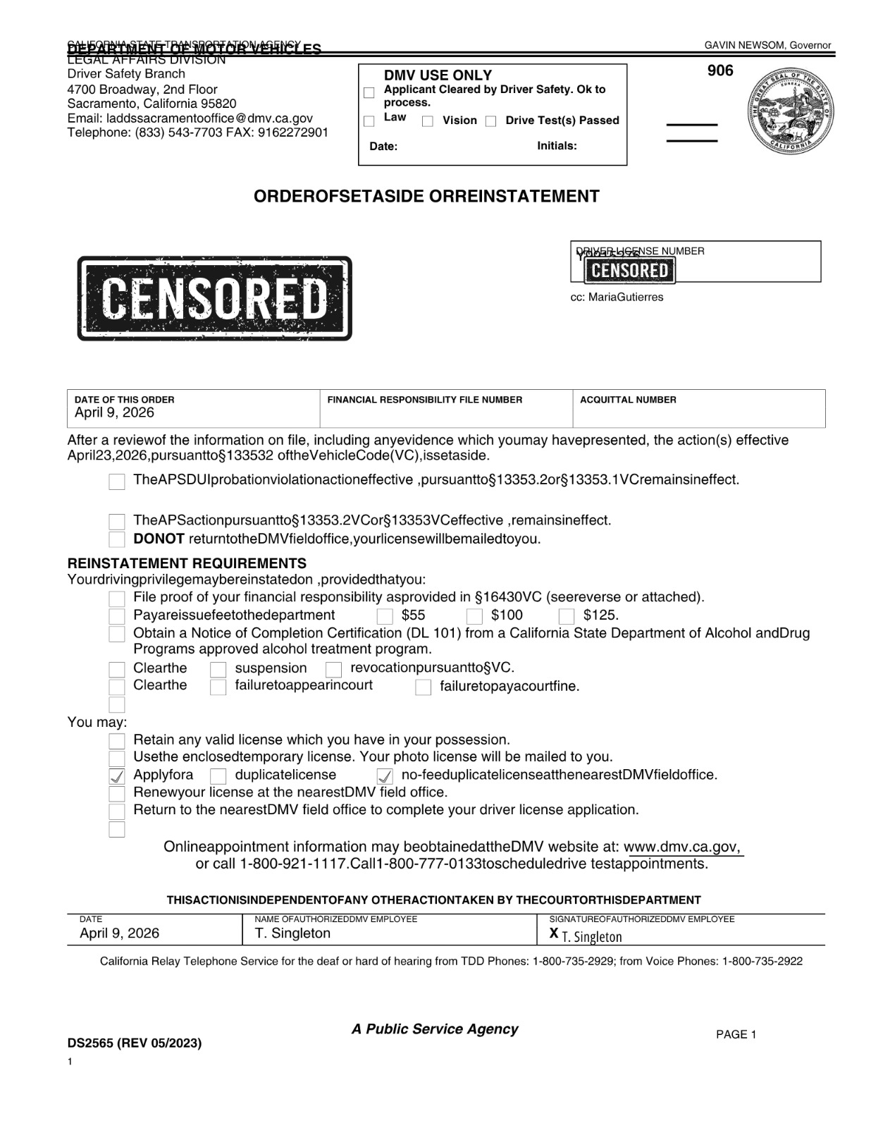 DMV Set Aside Order